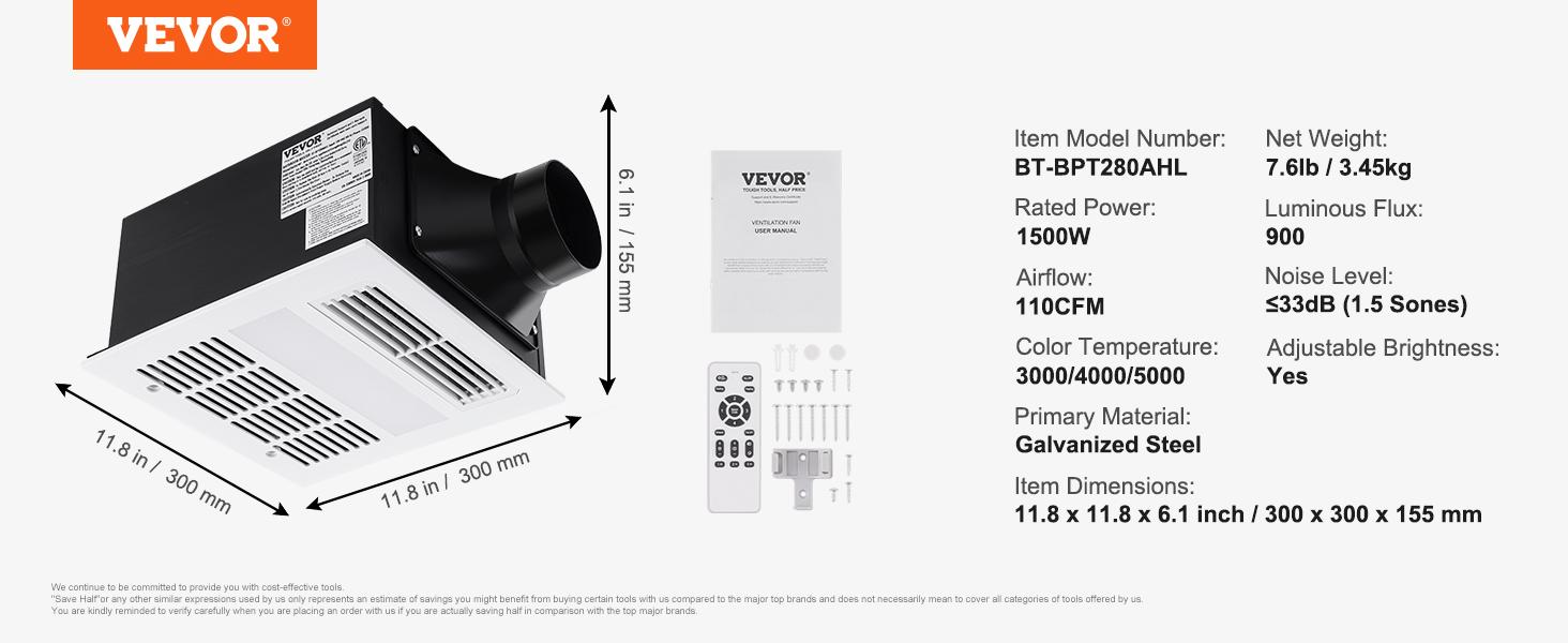 VEVOR Bathroom Exhaust Fan, TikTokShopBlackFriday, 1500W Heating, 110 CFM High-Efficiency Ventilation, 1.5sones Low Noise Operation, Energy-Saving Bathroom Ceiling Fan, No Need For Attic Access, For Various Ceilings