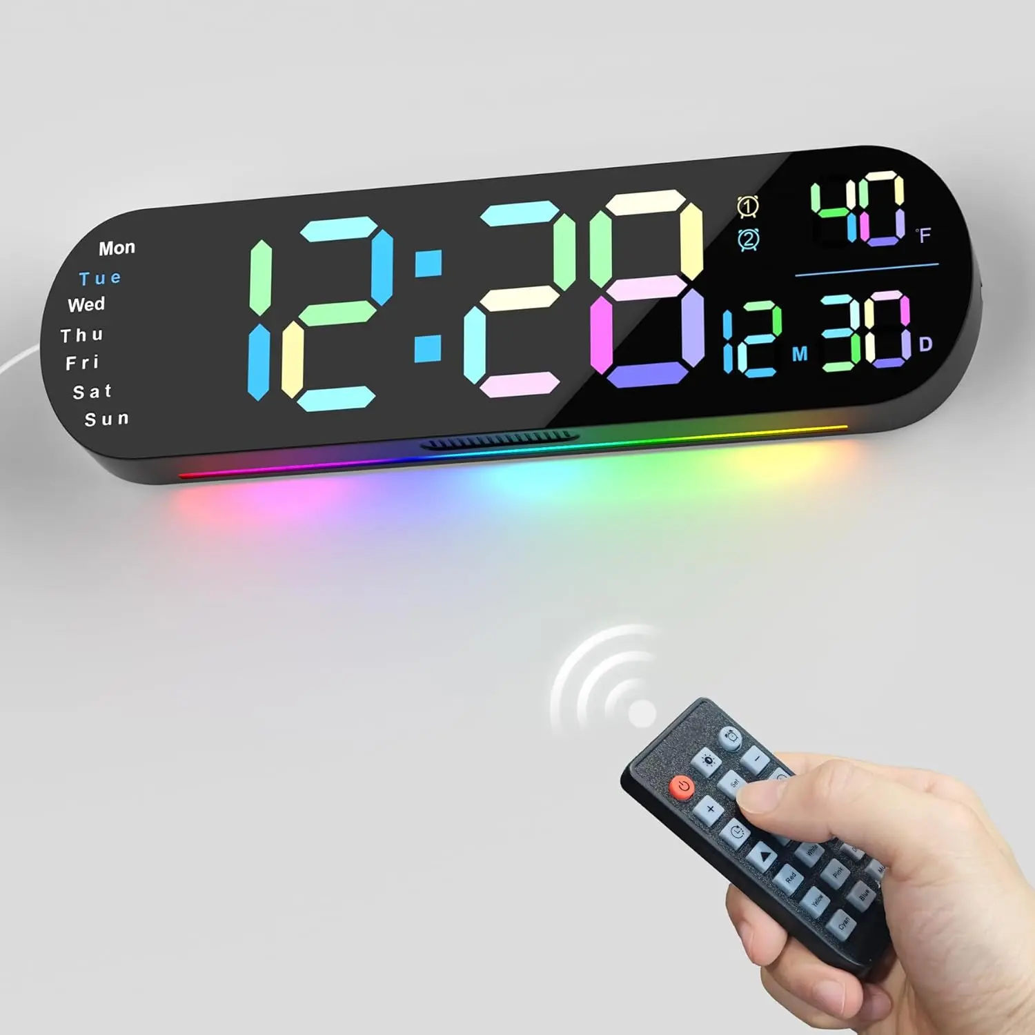 Winshine Decor Large Digital Wall Clock for Bedroom 13.7'', 9 RGB Ambient Light, Auto Brightness, Remote Control, Dual Alarm Clock Timer, 12/24H Mode, Temperature, LED Wall Clock for Elder, Black