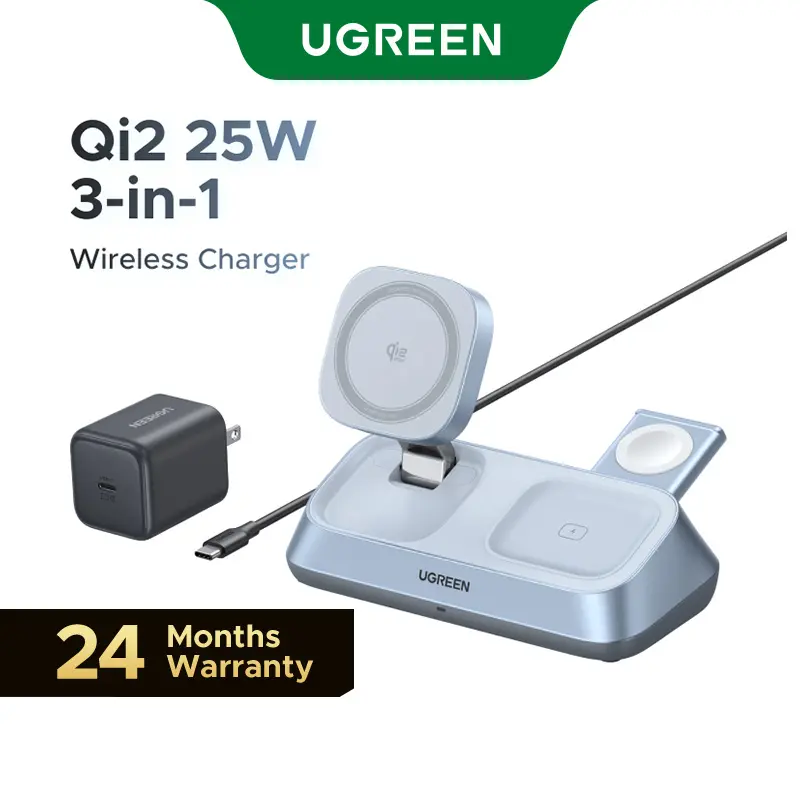 UGREEN 25W Qi2 Certified 3-in-1 Magflow Wireless Charging Stand, Magsafe Fast Wireless Charger for iPhone 17/16/15/14/13/12, AirPods and Apple Watch, Desk Stand with Adjustable Angle,（No battery）,DealsForYouDays