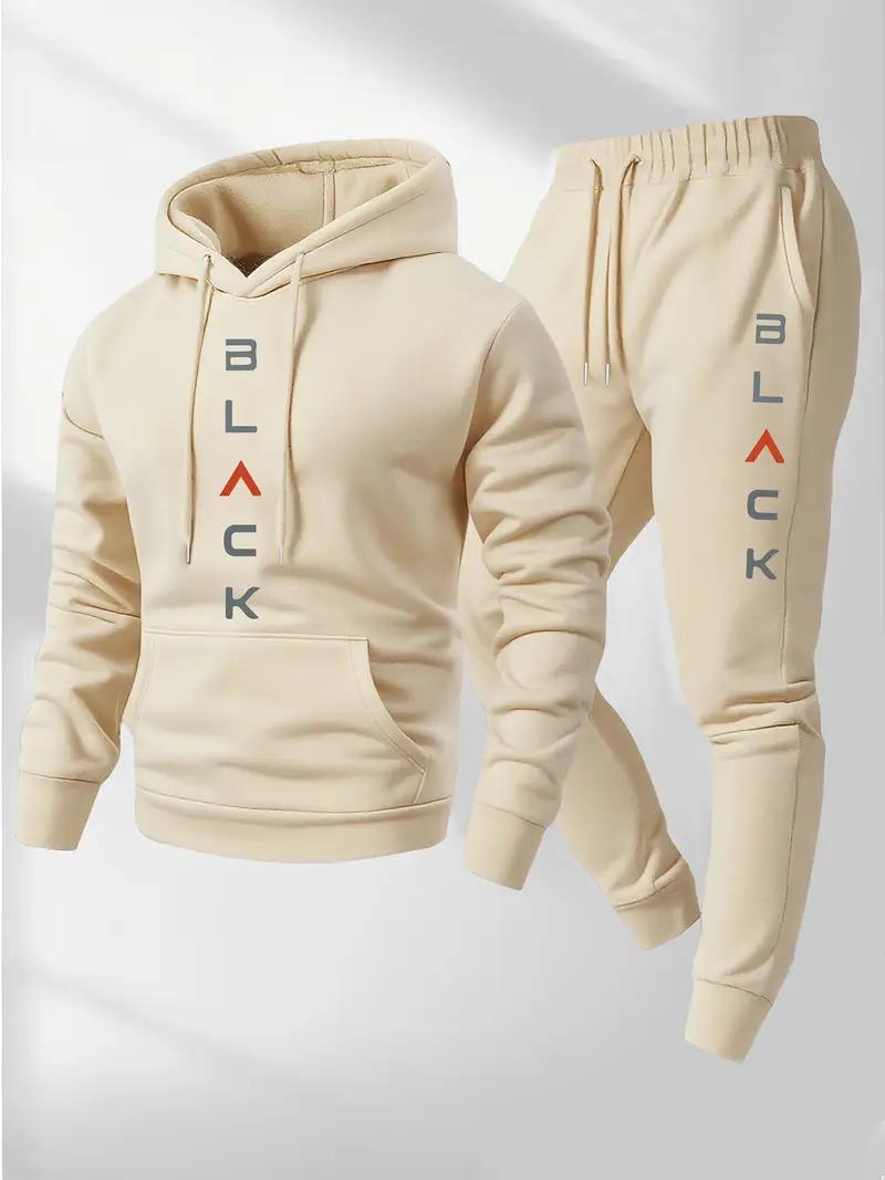 Men's Complete Outfit - Stylish Hooded Sweatshirt & Joggers Set with BLACK Print Gray Casual Streetwear Long Pants Matching Hoodie Perfect for Fall Winter Cozy Clothing Sporty Look Non Stretch Fabric