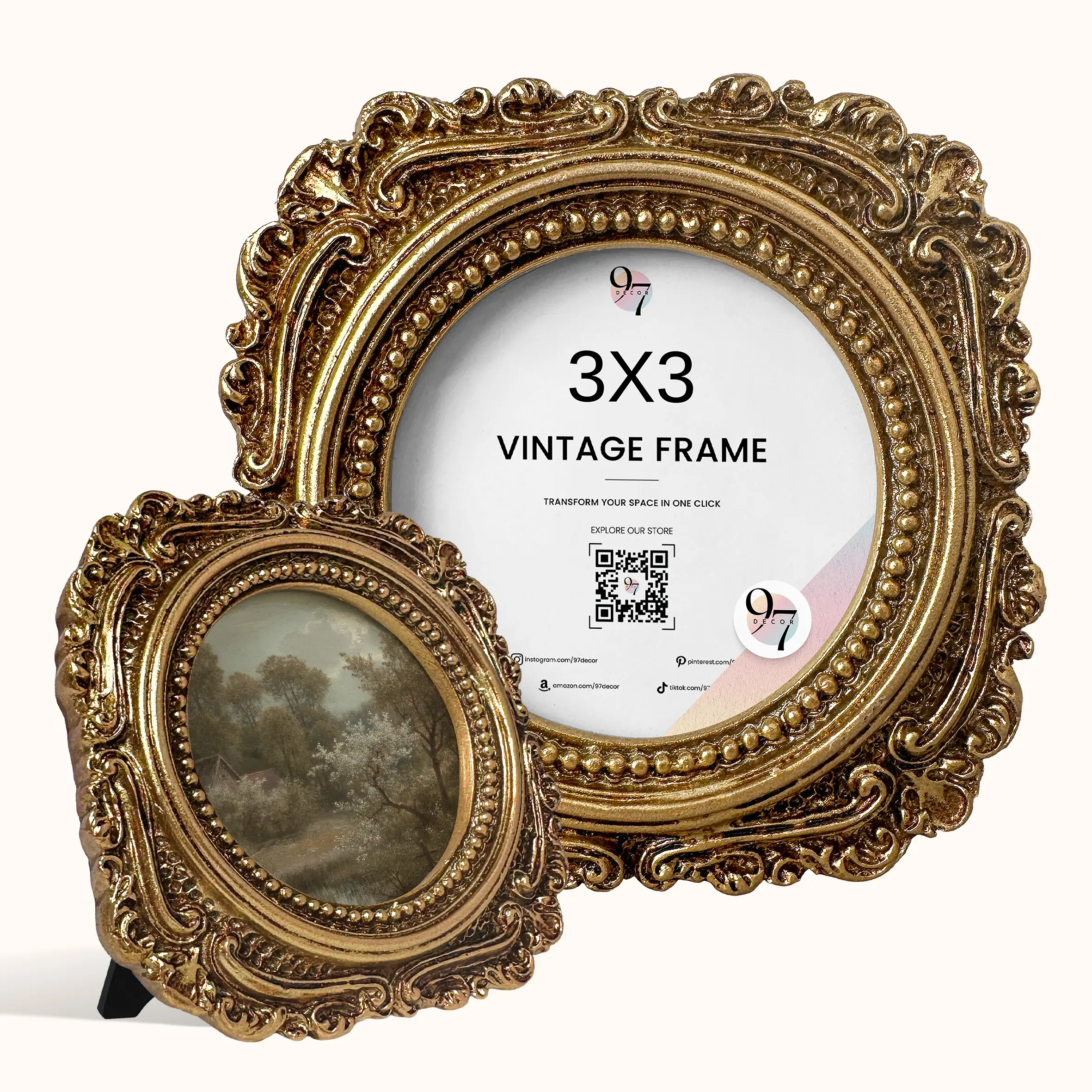 97 Decor Gold Vintage 3x3 Round Picture Frame - Ornate Mini Wallet-Size Frame for Home Bedroom Decor, Tabletop & Wall Hanging Use
