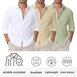 Linen Shirts for Men Casual Button Down Long Sleeve Shirt Solid Summer Beach Hawaiian Shirts