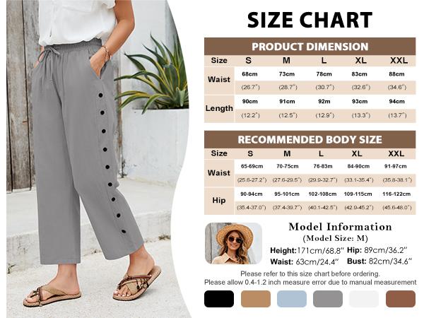 Women's Summer Trousers, Women's Summer 7/8 Cropped Wide Leg Trousers Elastic Waist Cotton Casual Trousers Lightweight Boho Trousers Beach Trousers with Pockets and Decorative Buttons