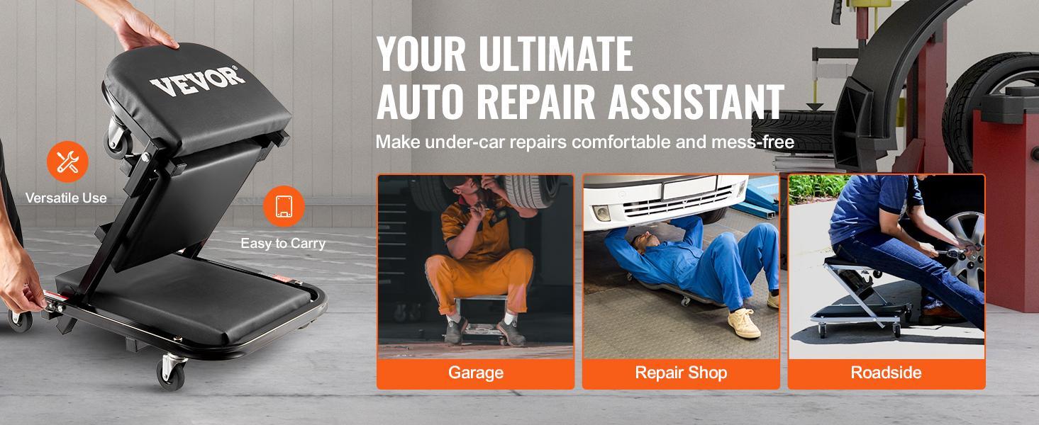 VEVOR Foldable Z Garage Creeper, TikTokShopBlackFriday, Max. 40 in, 450 lbs Load Capacity Rolling Folding Mechanic Creeper Stool, with 6 Universal Wheels Padded Seat Steel Frame, Lay Down or Sit Chair for Garage Shop or Home