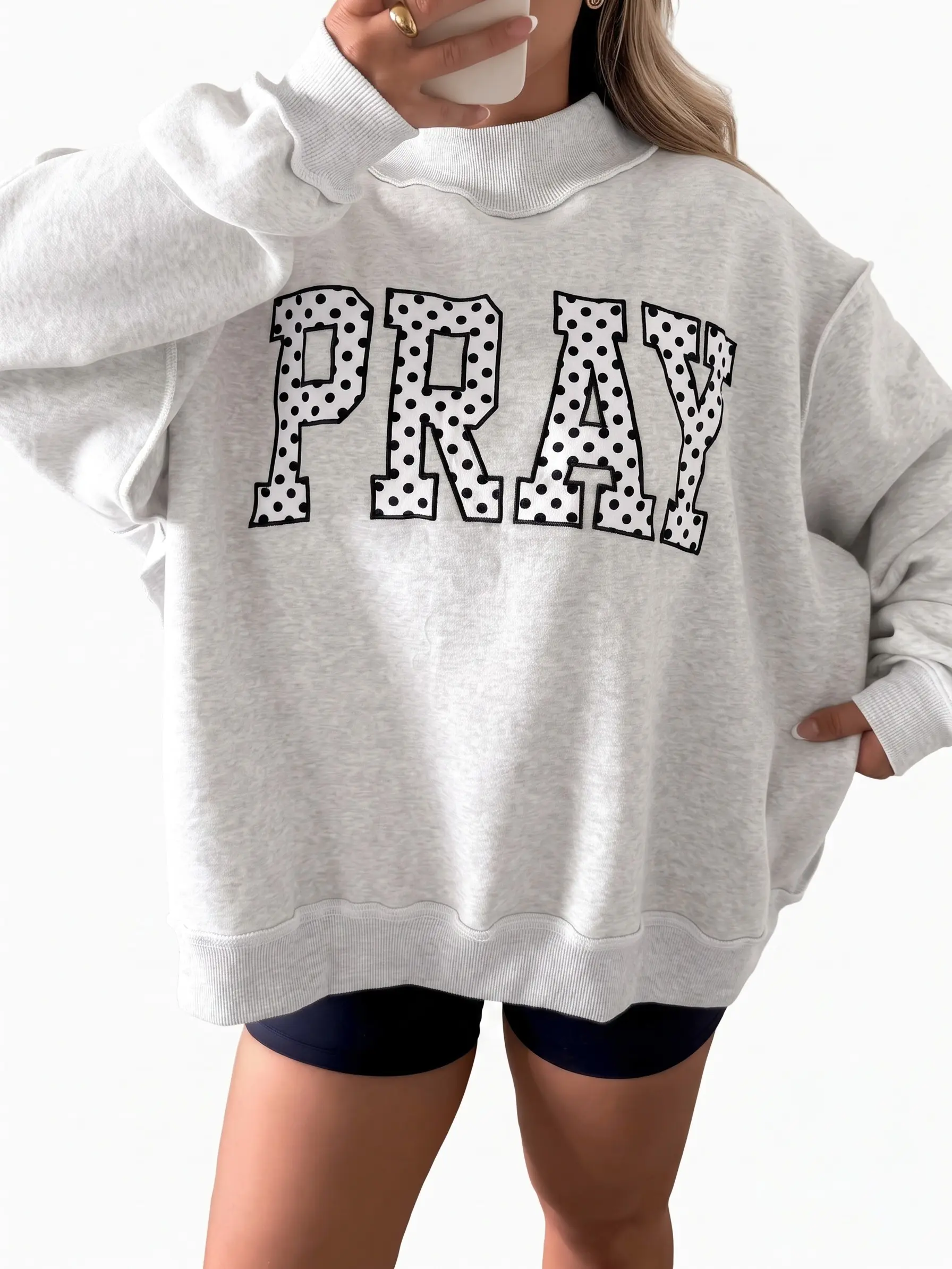 Women's Oversized PRAY Graphic Sweatshirt Mock Neck Long Sleeve Pullover Faith Inspirational Casual Tops Cotton Blend Fit Grey Womenswear