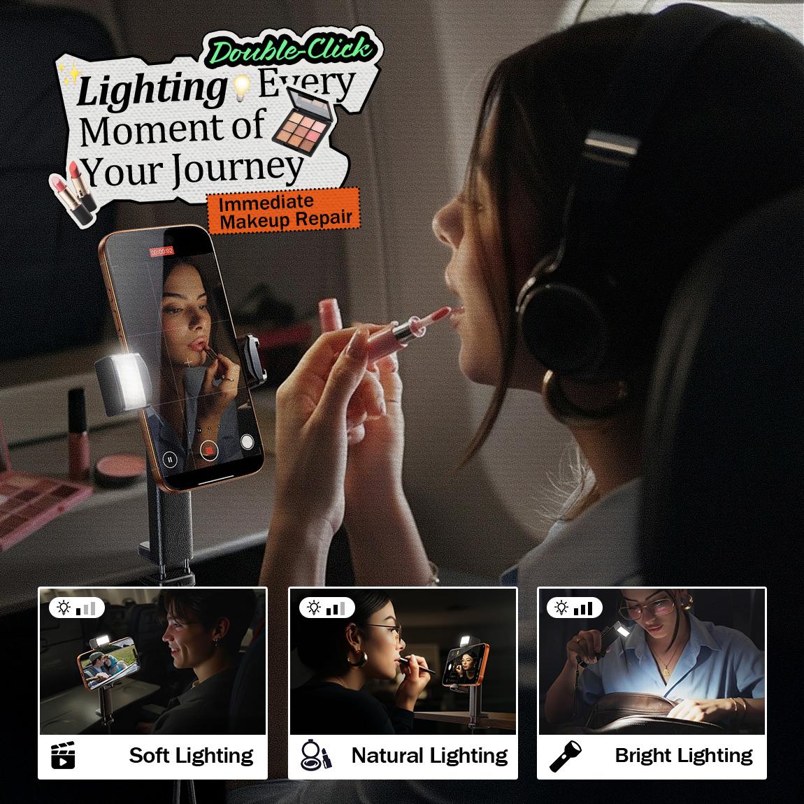 Lisen phone stand foldable travel stand with beauty light, 360-degree rotation axis, fixed bracket and lanyard, suitable for desks, airplanes, suitcases, cruise ships and outdoor use