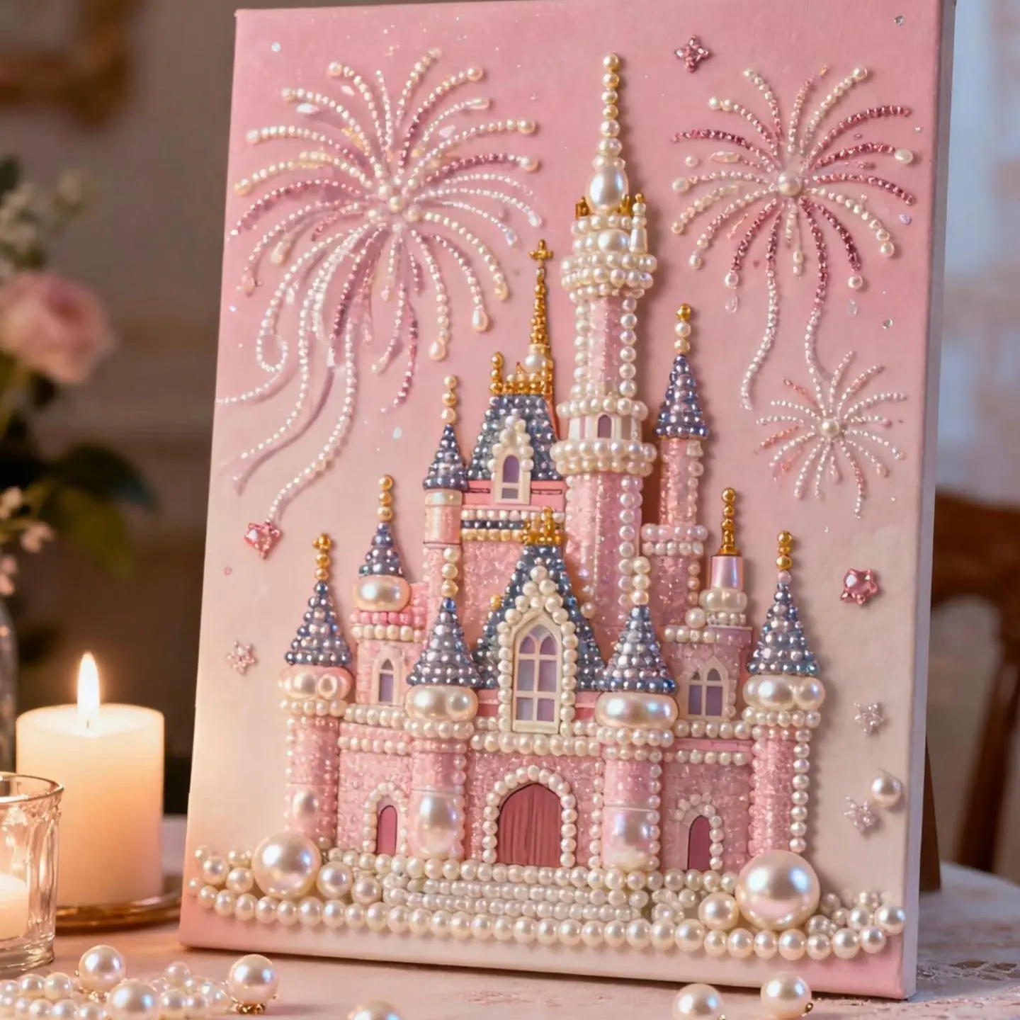 Fireworks Castle Eiffel Tower 5D Pearl Painting Set, DIY Acrylic Round-Hole Stylish Unique Embroidery Craft Art Kit, Framed Home Decor Holiday Gift