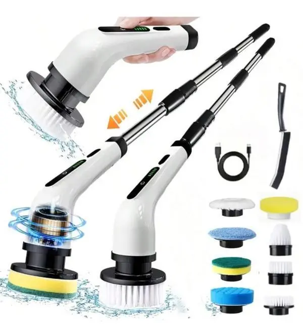 9-in-1 Cordless Rechargeable Electric Spin Scrubber - Heavy Duty Home Cleaning Tool with USB Port, Type-C Fast Charging, Easy Plug, 2 Extension Rods, 1 Scrubber, Multiple Cleaning Brushes, Adjustable Lightweight Design for Bathroom, Floor