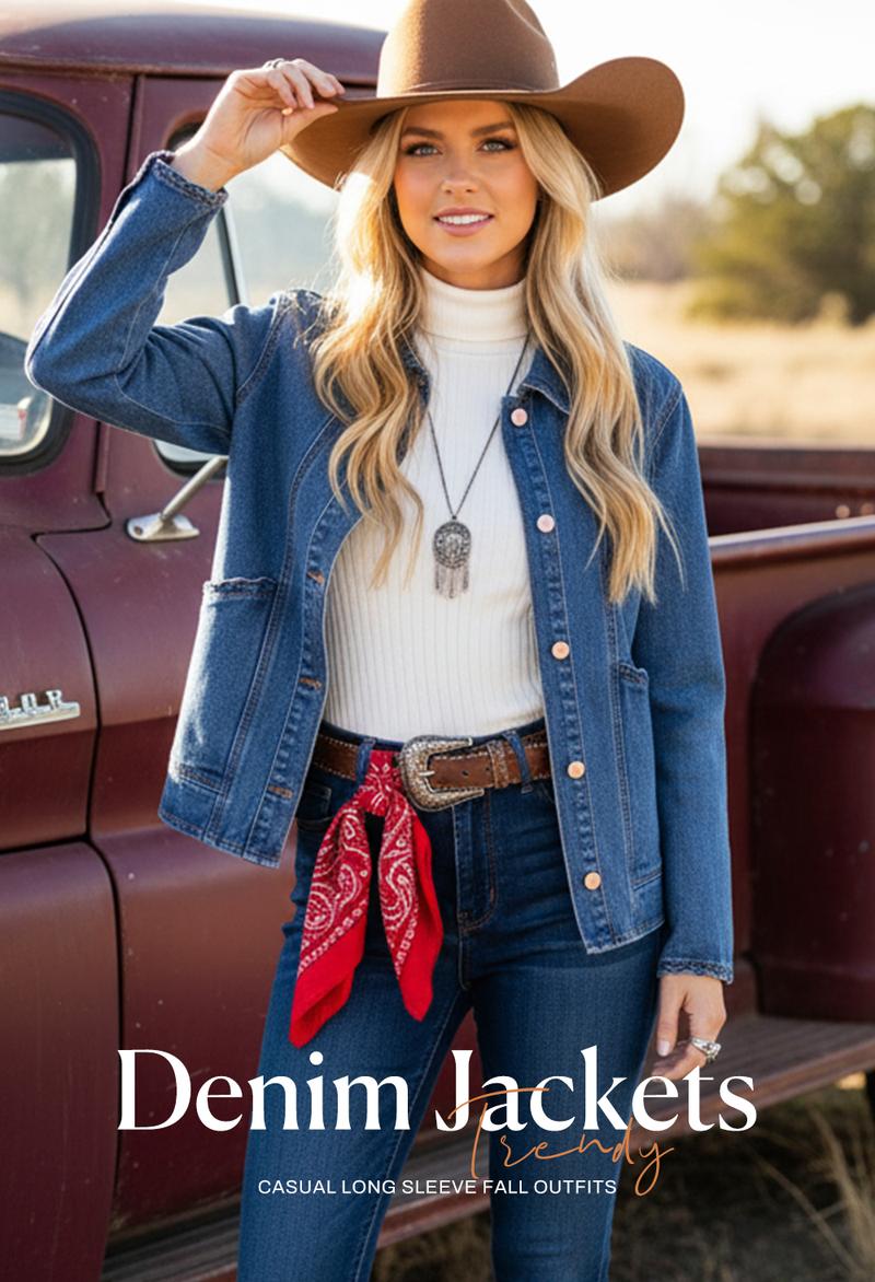 Sidefeel Women's Jean Jacket Long Sleeve Button Down Ruffled Denim Jacket Shacket