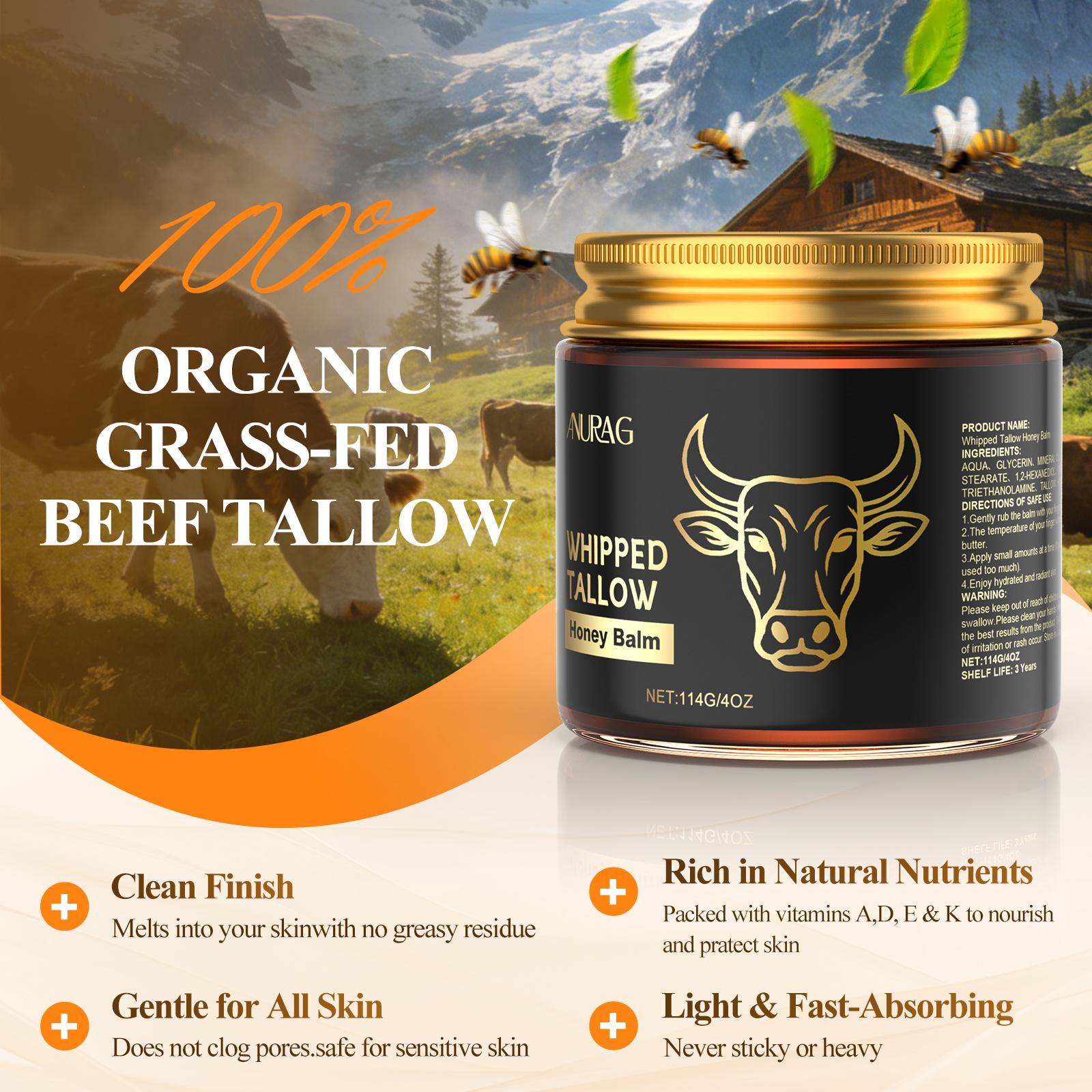 Whipped Grass-Fed Beef Tallow Honey Balm - 4 Oz,Moisturizing Cream for Soft, Smooth Skin - Handmade All-Natural Moisturizer