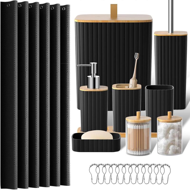 Black Bathroom Set with Shower Curtain, Trash Can, Toilet Brush Holder, Soap Dispenser, and More, Modern Bathroom Accessories