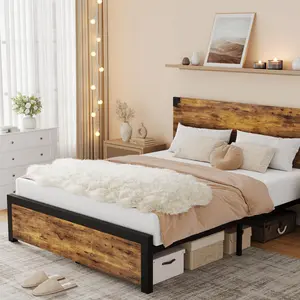 Full Bed Frame with Headboard, Full Platform Bed Frame with Under Bed Storage and Metal Legs, Full Size Bed Frame for Noise Free, No Box Spring Needed, Easy Assembly-Rustic Brown