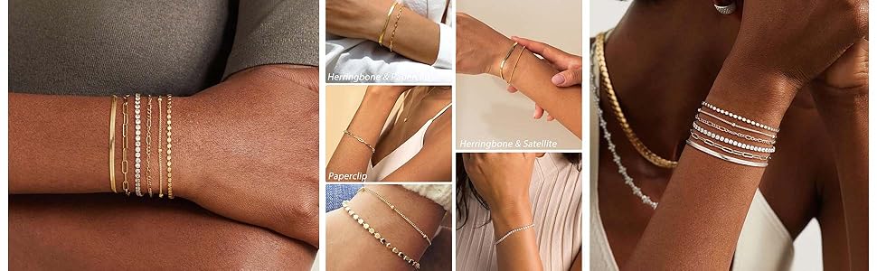 Tewiky Greenish Spring Waterproof Women's Bracelet Set - Trendy Dainty Jewelry Fashion Stackable Tennis Beaded Figaro Herringbone Paperclip Link Bracelet Pack