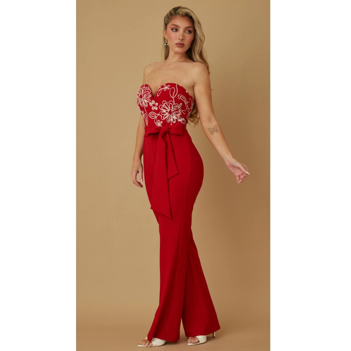 FLOWER STRING PATTERN JUMPSUIT - CURVED PLUNGING CHEST LINE - STRAPLESS - ADJUSTABLE TIE WAIST BELT - ZIPPER ON THE BACK - RED - CASUAL FASHION