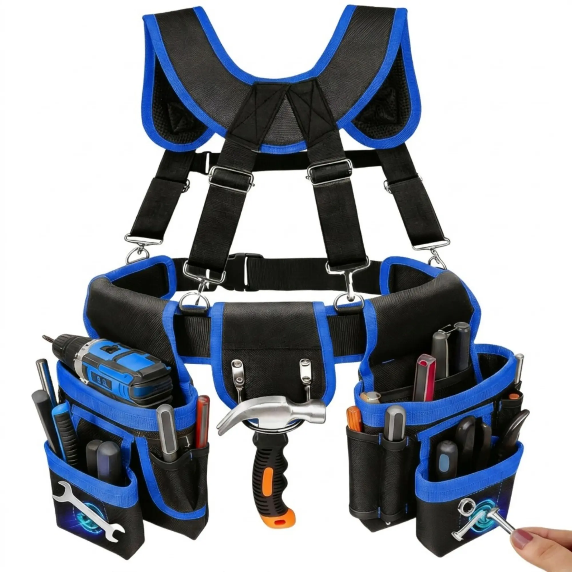 Tool Belt, Professional Tool Belts for Men, Magnetic Tool Pouch With Suspenders, Heavy Duty Detachable Adjustable Utility Belt Work Bags for Electrician, Carpenter