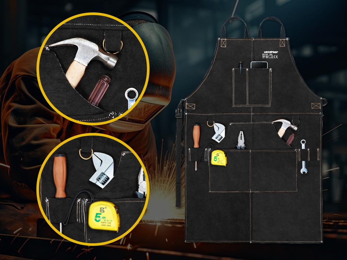 ARCCAPTAIN Leather Welding Work Apron 24" X 36" Heat Flame Resistant Cowhide Blacksmith Aprons with 6 Tool Pockets for Welders Men Women, Adjustable M to XXXL-Black