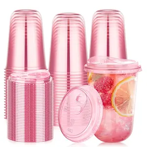 50-Pack 400ml Pink Plastic Cups with Direct-Drink Lids Disposable Coffee Cups Round Bases No Handles Portable for Valentine's Day Birthdays Wedding Parties Ice Coffee To Go Cup New Arrivals Essential Girls' party