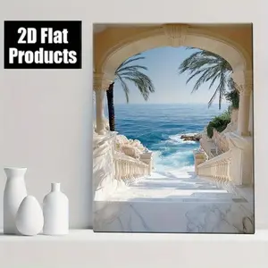2D Flat 1pc Wood Frame Wall Decor Painting A beautiful white marble staircase with a view of the ocean and Modern Home Decor, Interior Hanging Gift, Mother'S Day Decor, Perfect Room Decor	