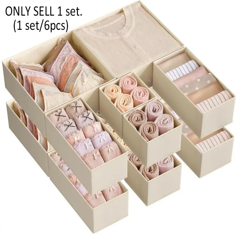 Set of 6 Drawer Storage Boxes, Compartmentalized Foldable Fabric Organizers for Socks, Bras, Belts and Scarves, Christmas Gift Idea for Her and Him, Collapsible Storage Boxes, Collapsible Storage Bins, Foldable Storage Containers, Collapsible Design Boxes