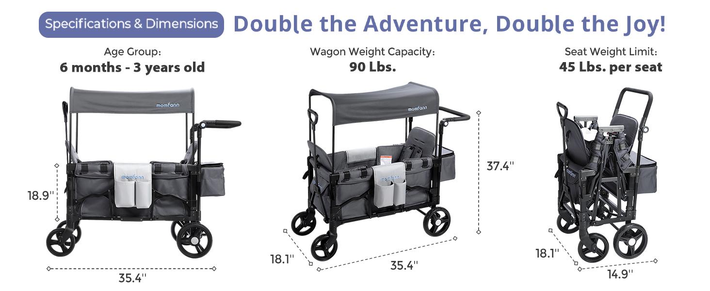 Momfann Baby Stroller Wagon, All-Terrain 2 Seaters Baby Wagon with Canopy, Parent Organizer, Adjustable Handle & Pull Bar for Infants and Toddlers