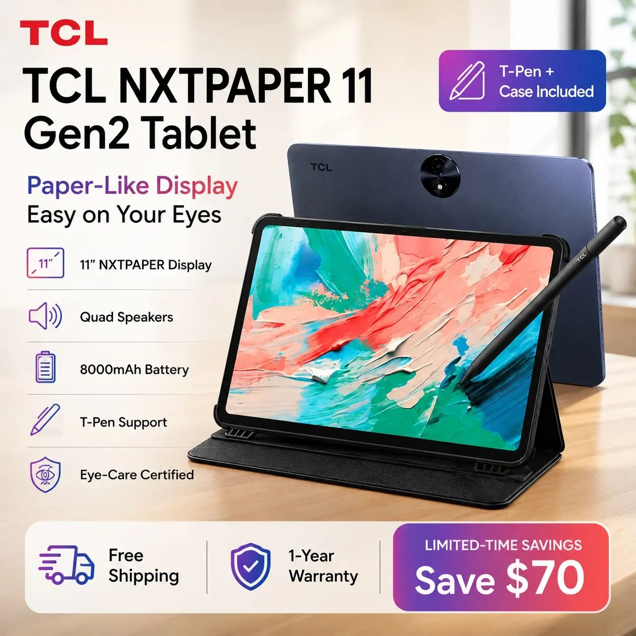 TCL NXTPAPER 11 Gen 2 Android Tablet - 11" NXTPAPER 4.0 Screen, Drawing Pad/Digital Notebook for Content Creators, Included Stylus & Flip Case (Screen Protection), Android 15, AI Tools, 6+64GB/8+128GB RAM, 8000mAh Battery, Gray, Built-In Camera, Contentcr