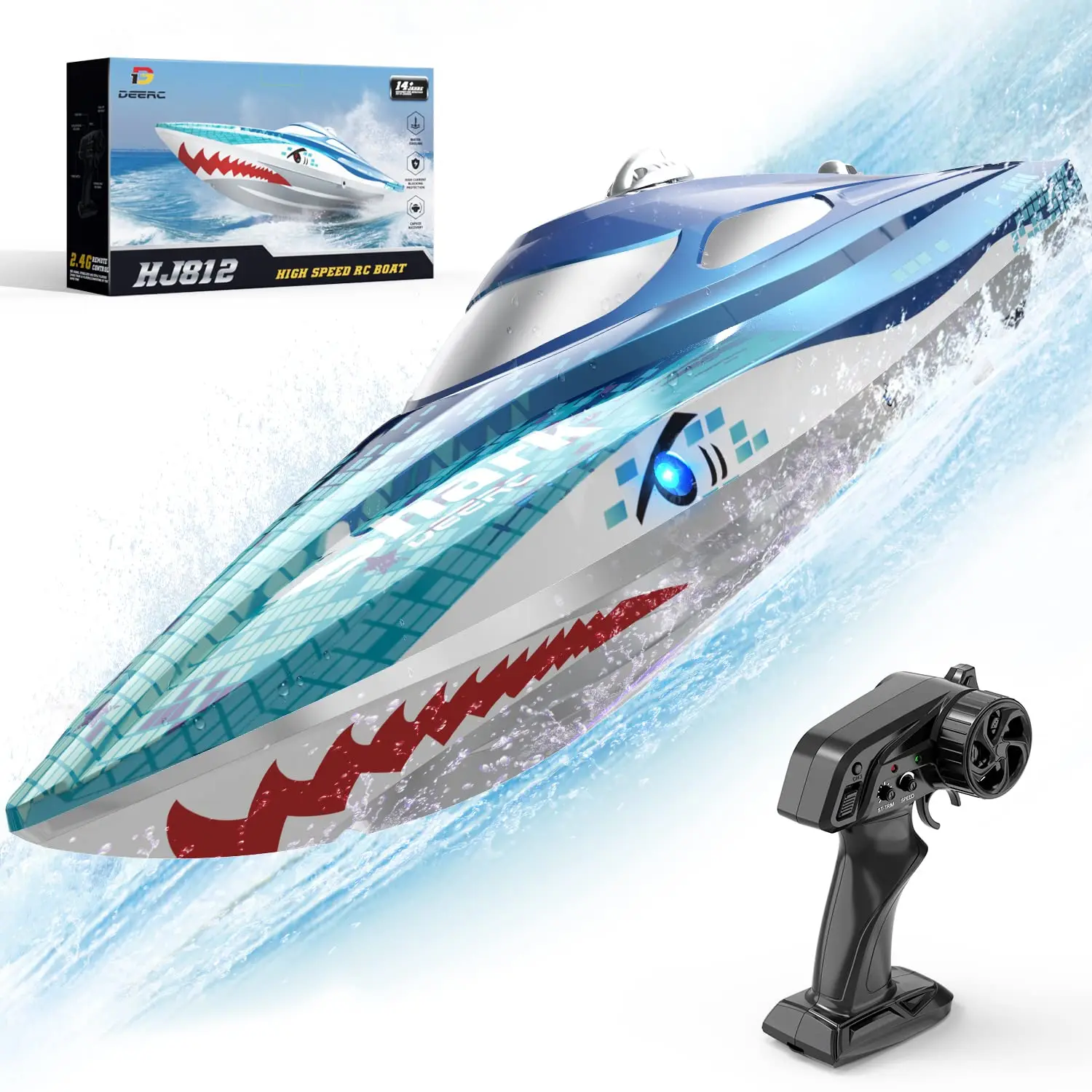 DEERC Full Proportional Remote Control Boat with LED Lights, Waterproof Design Shark Graffiti, 20+ MPH, 2.4GHz High Speed Boat for Kids & Adults Durable Construction