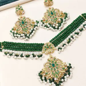 Zarcon Chokar Set with Elegant Gold-Tone Beaded Earrings and Matching Mint Green Pearl Necklace for Festive Wear