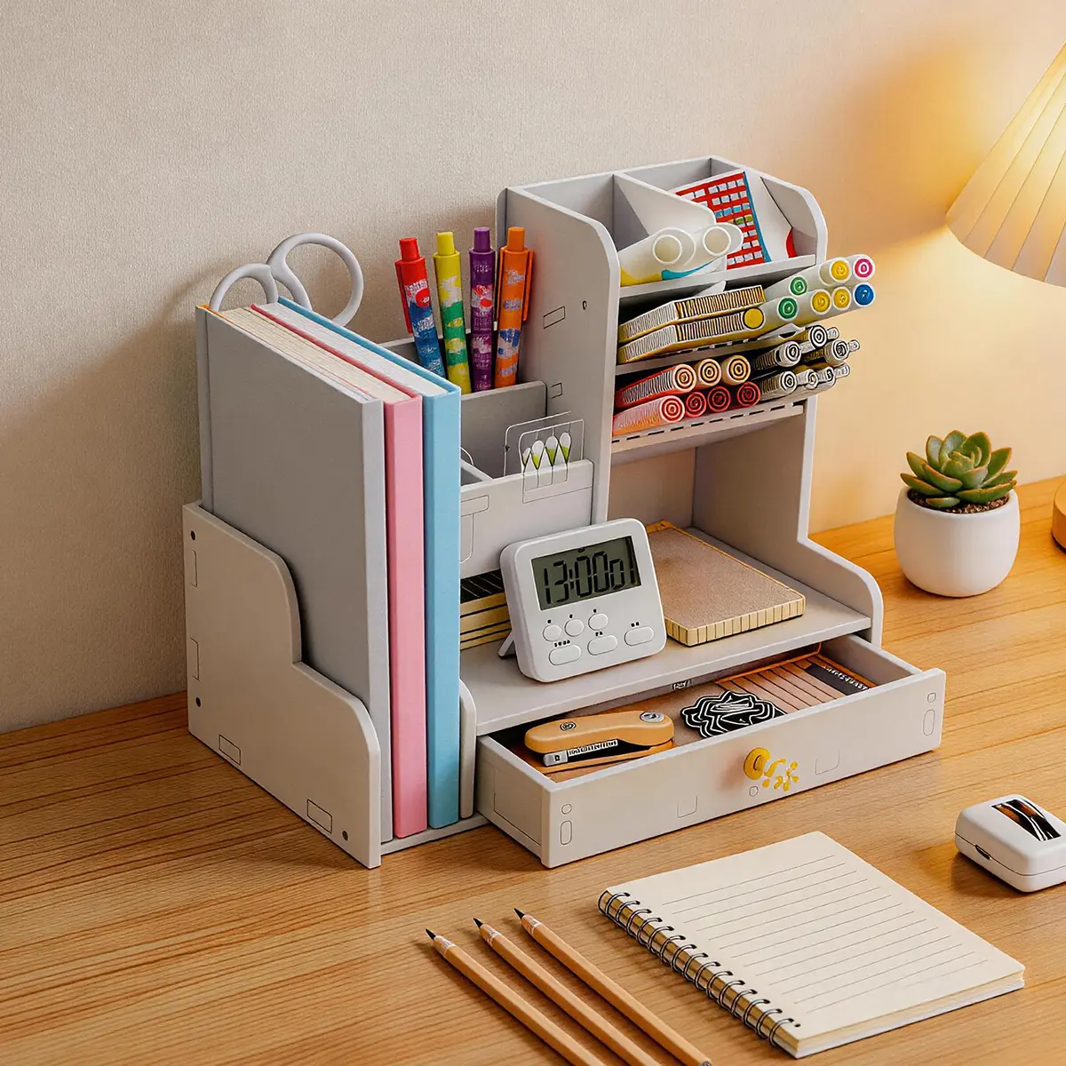 White Compact Pen Organizer for Desk - Multi Purpose Organizer with Compartments, Drawer, Pen Slot, Marker & Art Supply Holder, Office Furniture for School & Office Use Stationery Organizer Stationery Supplies