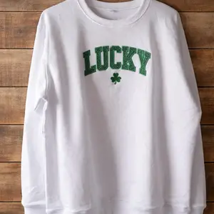 Women’s Saint Patricks Day white embroidery sweater with glitter appliqué Long Sleeve