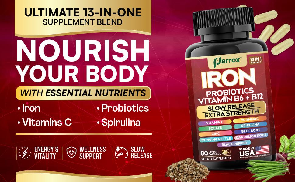 PARROX Iron Supplement - 13 in 1 Women's Menstrual Cycle Support with Iron, Probiotics, Vitamin B6 + B12 & More - 60 Capsules - Made in USA PARROX Iron Supplement - 13 in 1 Women's Menstrual Cycle Support with Iron, Probiotics, Vitamin B6 + B12 & More - 60 Capsules - Made in USA
