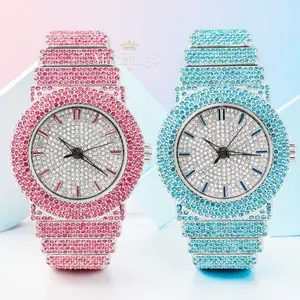 MaxBling81 Unisex Analog Watch in Pink/Teal Blue, Luxurious Hip Hop Chandelier Design with Full Iced Lab Diamonds, Gold & Silver Plated Alloy, Gift Box Included
