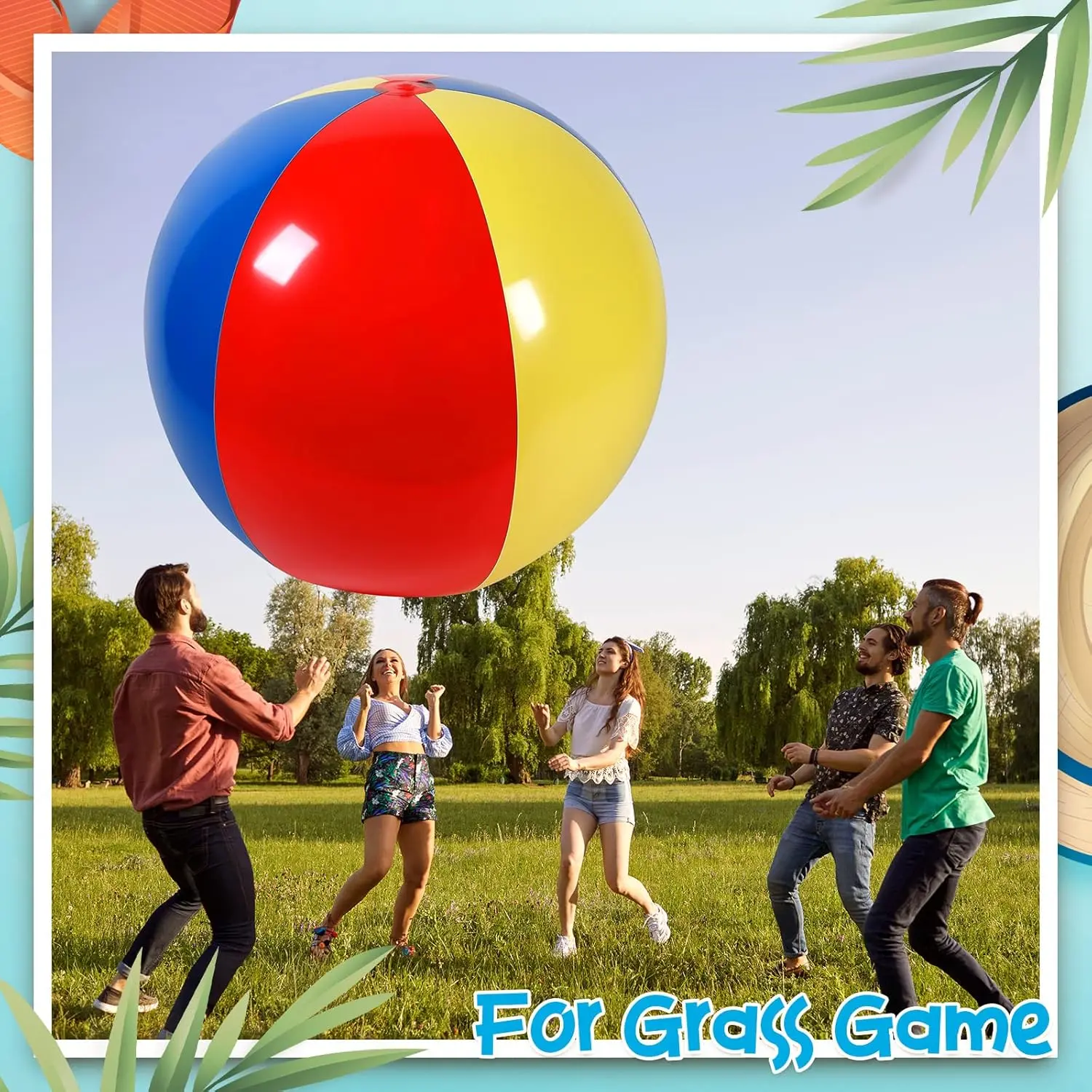 Giant oversized beach ball. A huge balloon, a massive 40-inch inflatable ball. A large rainbow-colored plastic toy, perfect for kids and adults. Great for summer pool games, backyard fun, and beach parties.