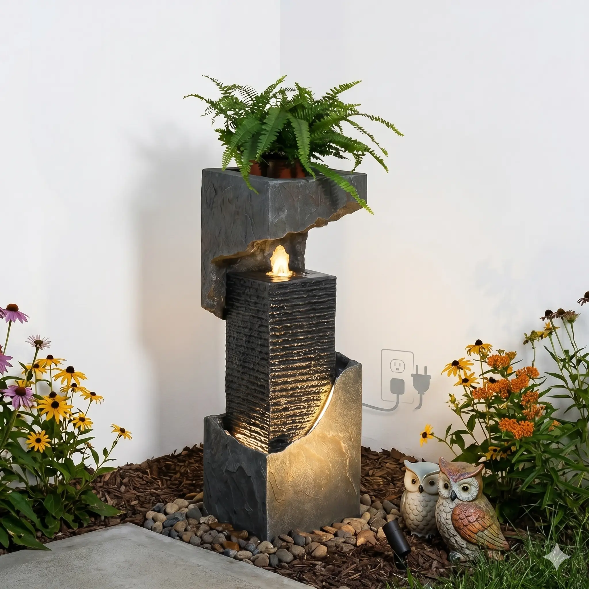 Tankana 35” Outdoor Stone Water Fountain with LED Lights - Modern Garden Waterfall Decor, Garden Accessories, Outdoor Accents for Patio, Backyard, Outdoor Garden Accessories Waterfountain