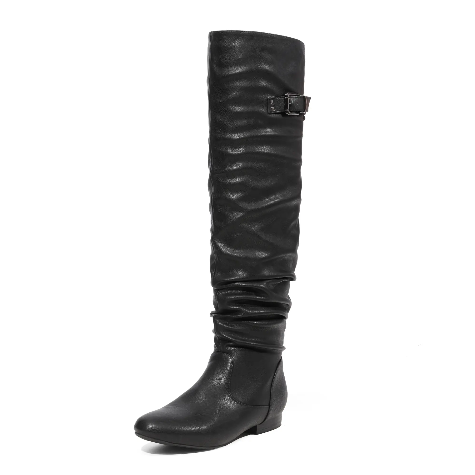 Dream Pairs Women's Black PU Leather Thigh-High Boots - Faux Fur Lined, Buckle Edge Detail, Back Lace-Up Hold, Slip-Resistant TPR Sole, Edgy Over-the-Knee Footwear for On-the-Go Days