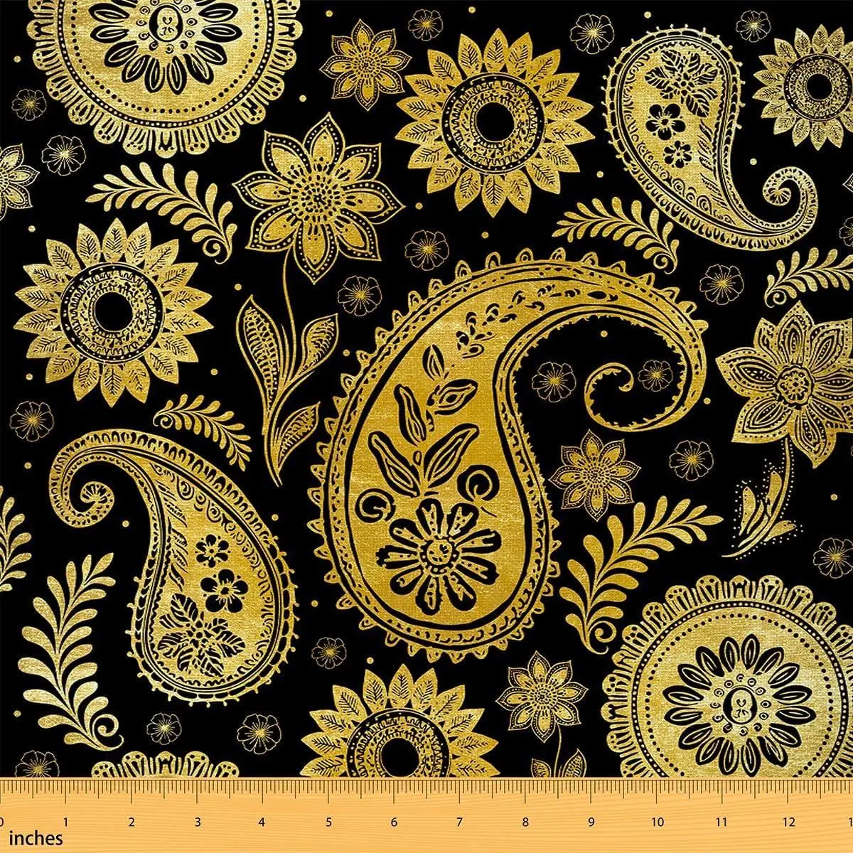 Vintage Paisley Fabric by The Yard Black Yellow Botanical Flowers Fabrics for Sewing Supplies Retro Exotic Inidian Style Floral Fabric DIY Soft Polyester No Stretch