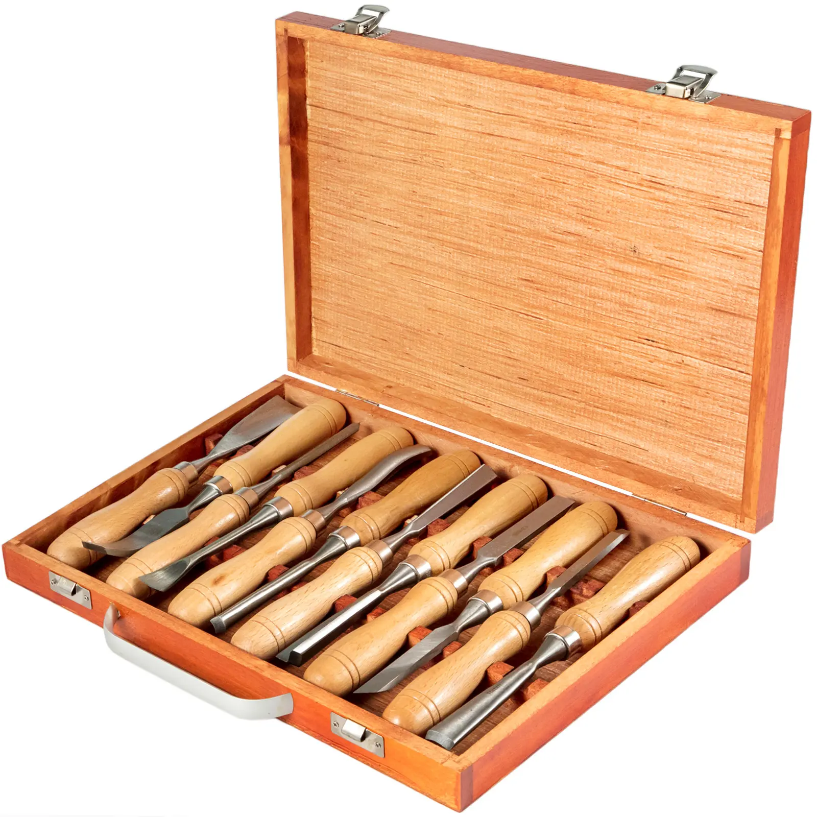 VEVOR 12-Piece Metal Wood Lathe Chisel Kit, 7-1/2 Inches Heat-Treated Solid Blades, Ergonomic Handle, 34x22x3.5 cm Wooden Case - Wood Carving Carpentry Tools for Woodworking