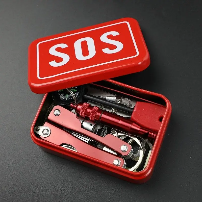 Outdoor survival tool kit, survival set outdoor supplies survival tools metal storage box emergency kit first aid survival box equipment