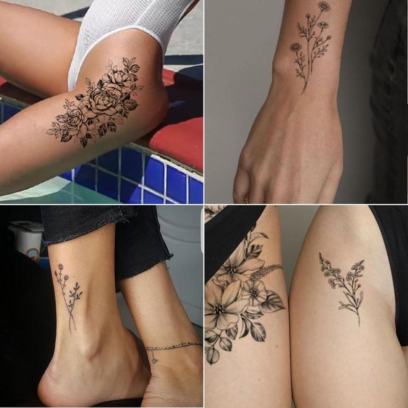 23 Sheets Flower Temporary Tattoos For Women - Waterproof Realistic Rose Orchid Tattoos Tiny Branch Sketch Fake Tattoos for Women Body Art Arm Neck Hands