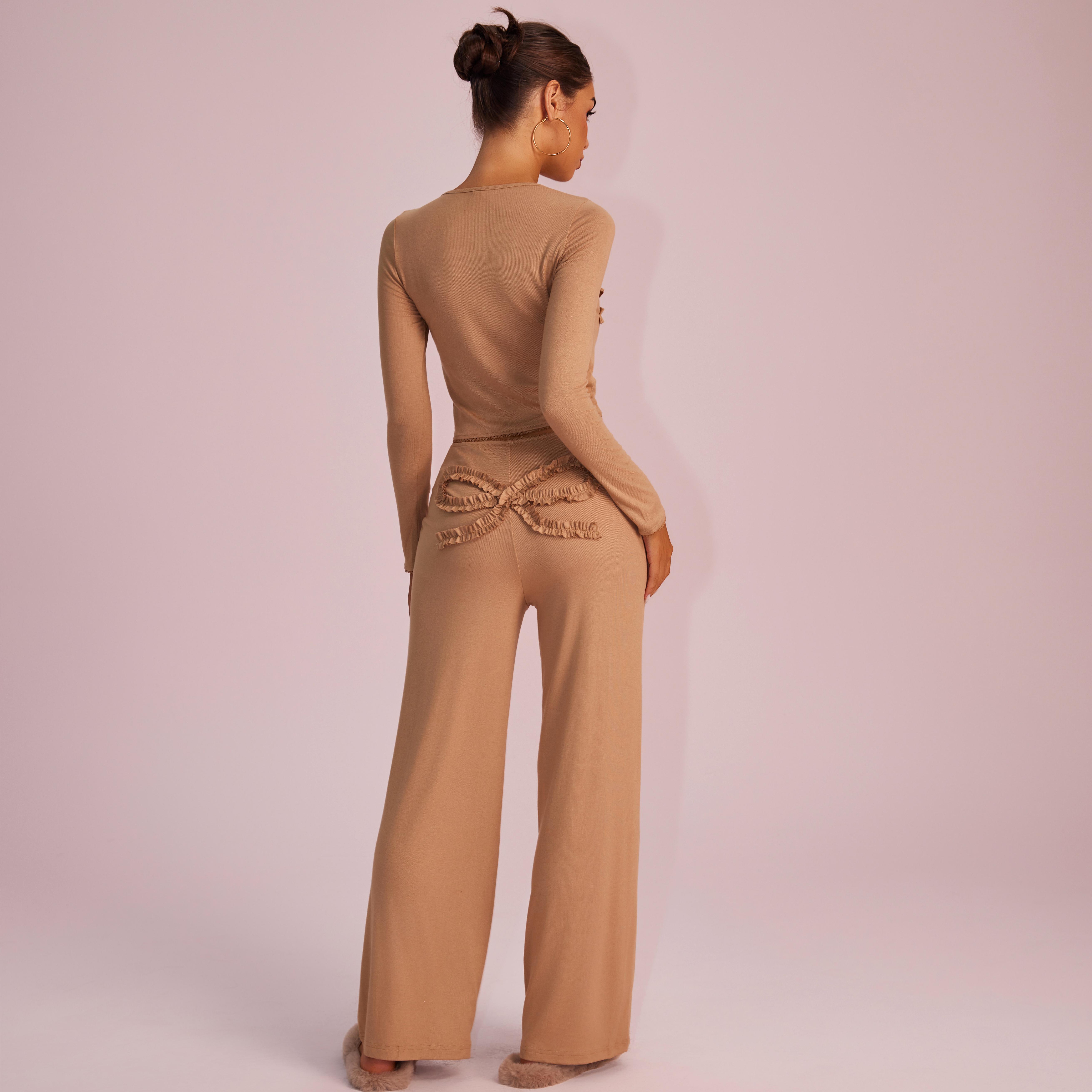 Joyfunear Solid Color Knitted Long-Sleeved Round Neck Top & Casual Straight-Leg Pants Set with Bow Decoration for Daily Wear