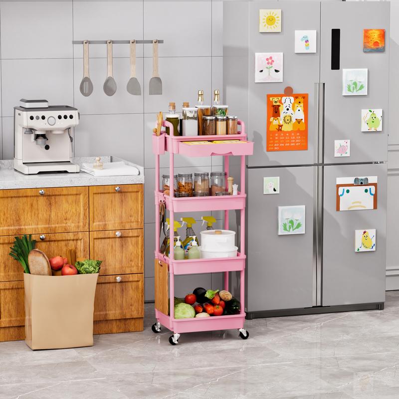 VANCASTLE 3/4 Tier Rolling Utility Cart Organizer with Removable Drawer - Sturdy Rolling Storage Cart with 2 Lockable Wheels for Bathroom, Kitchen, Snack, Craft, Makeup, and Baby Essentials White Racks bathroom organizer garage accessories