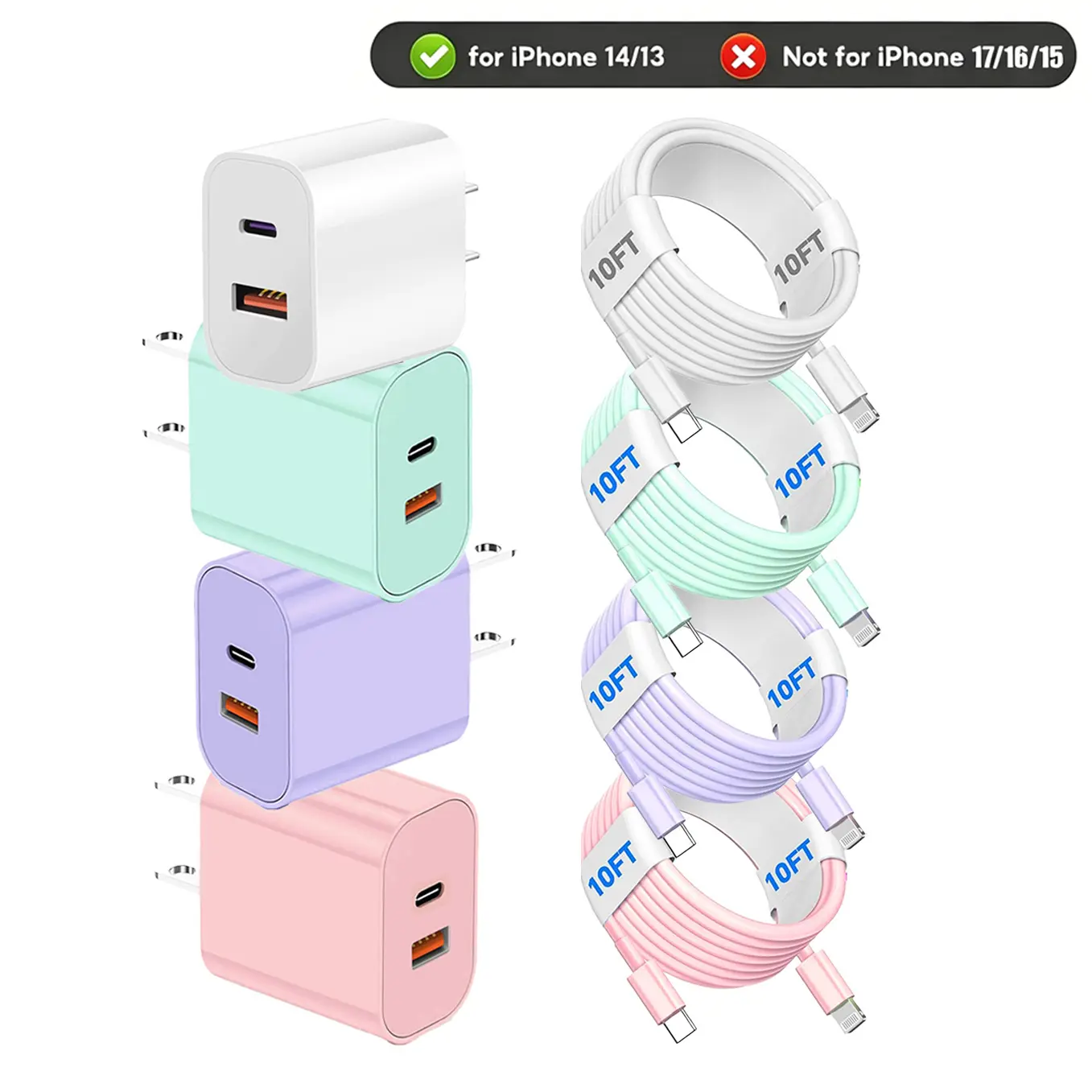 [iPhone 14 Charger Set] 1/2/3/4 Piece Pack 20W + 18W Fast Charger Set (Includes 3m USBC-Lightning Cable) - Compatible for iPhone 14/13/12/11/Pro/Pro Max, Older Colored iPhone Chargers kit Pd Fast Charger Multi Charger