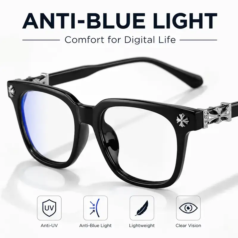 Square Shape Anti-Blue Light Smart Glasses - Flat Lenses, Metal Frame, Eye Protection, All-Seasons Everyday Wear Versatile Casual Style for Phones & Electronics Use