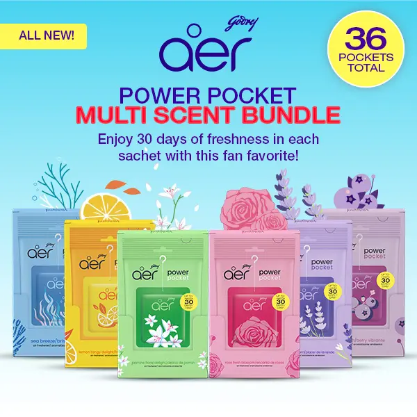 Aer Power Pocket Mono Carton Home Fragrance Scented Pack Bundle - Sea Breeze, Tangy, Jasmine, Rose, Lavender, Blueberry Scents - 6x6 (36 Units) for Bathroom Fresh and Clean Everyday Use, Fruity