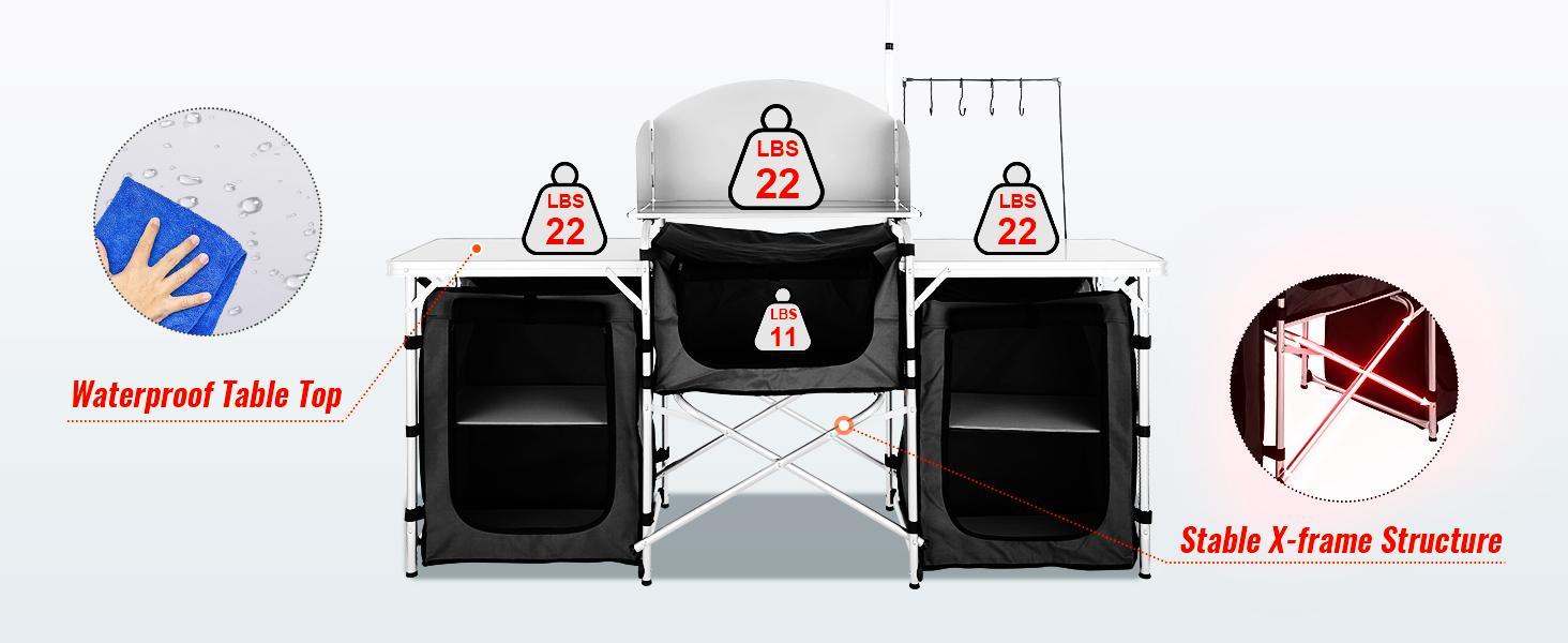 VEVOR Camping Kitchen Table, Folding Outdoor Cooking Table with Storage Carrying Bag, Aluminum Cook Station 3 Cupboard & Detachable Windscreen, Quick Set-up for Picnics, BBQ, RV Traveling