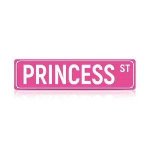 Pink Street Name Metal Sign 16*4 inch – Princess St / Blonde Blvd Vintage License Plate Style Wall Decor, Funny Girly Retro Sign for Bedroom, Office & Man Cave