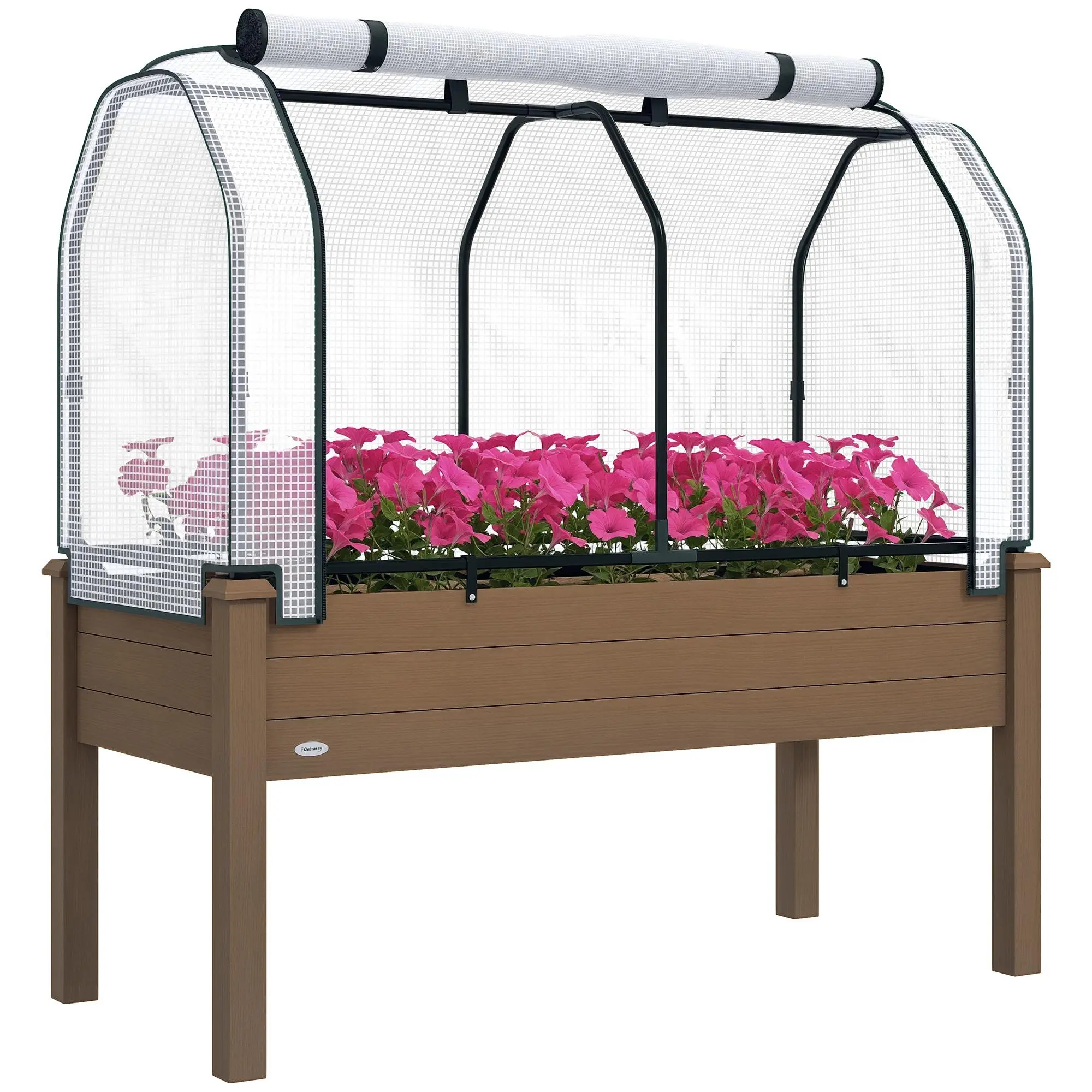 #tiktokshopbacktoschool Outsunny Wooden Raised Garden Bed Kit - Above Ground Planters with PE Greenhouse Cover, Breathable Fabric, Elevated Wood Stand, Gardening Accessory for Porch Backyard Home Improvement (Greenhouse Raised Garden Kits)