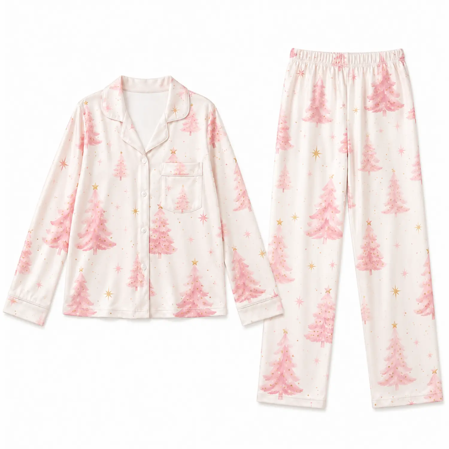 Women’s Long Sleeve Button Pajama Set, Soft Cream Winter Sleepwear with Pink Christmas Tree Print and Pocket