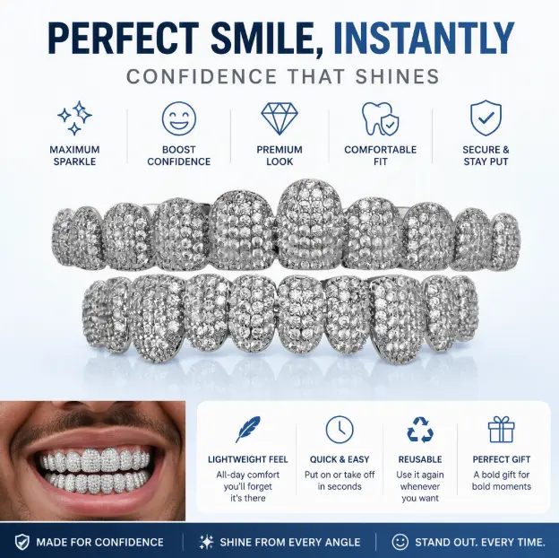Halloween Hip Hop Grillz, Silver-Plated Removable Dental Caps, 10Pcs Upper & 10Pcs Lower Iced-Out Full CZ Paved Tooth Caps, Trendy Punk Cosplay Accessory for Club Parties & Hip Hop Performances