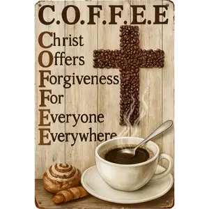 Rustic Christian Coffee Wall Art Sign with "COFFEE Cross" Design & Inspirational Message - 8x12 Inch Vintage Weathered Finish Iron Farmhouse Decor for Kitchen, Coffee Bar, Home Office - 2D Flat Print Coffee Bean Cross Pattern