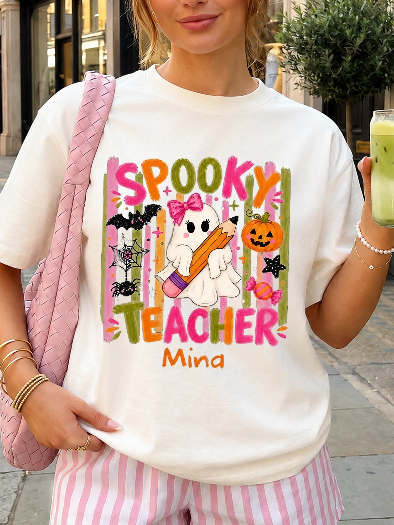 Women's Spooky Teacher Graphic T-Shirt - Custom Name Coquette Cotton Blend Top, Short Sleeve, Crew Neck, Classic Fit, Ghost Theme for Halloween